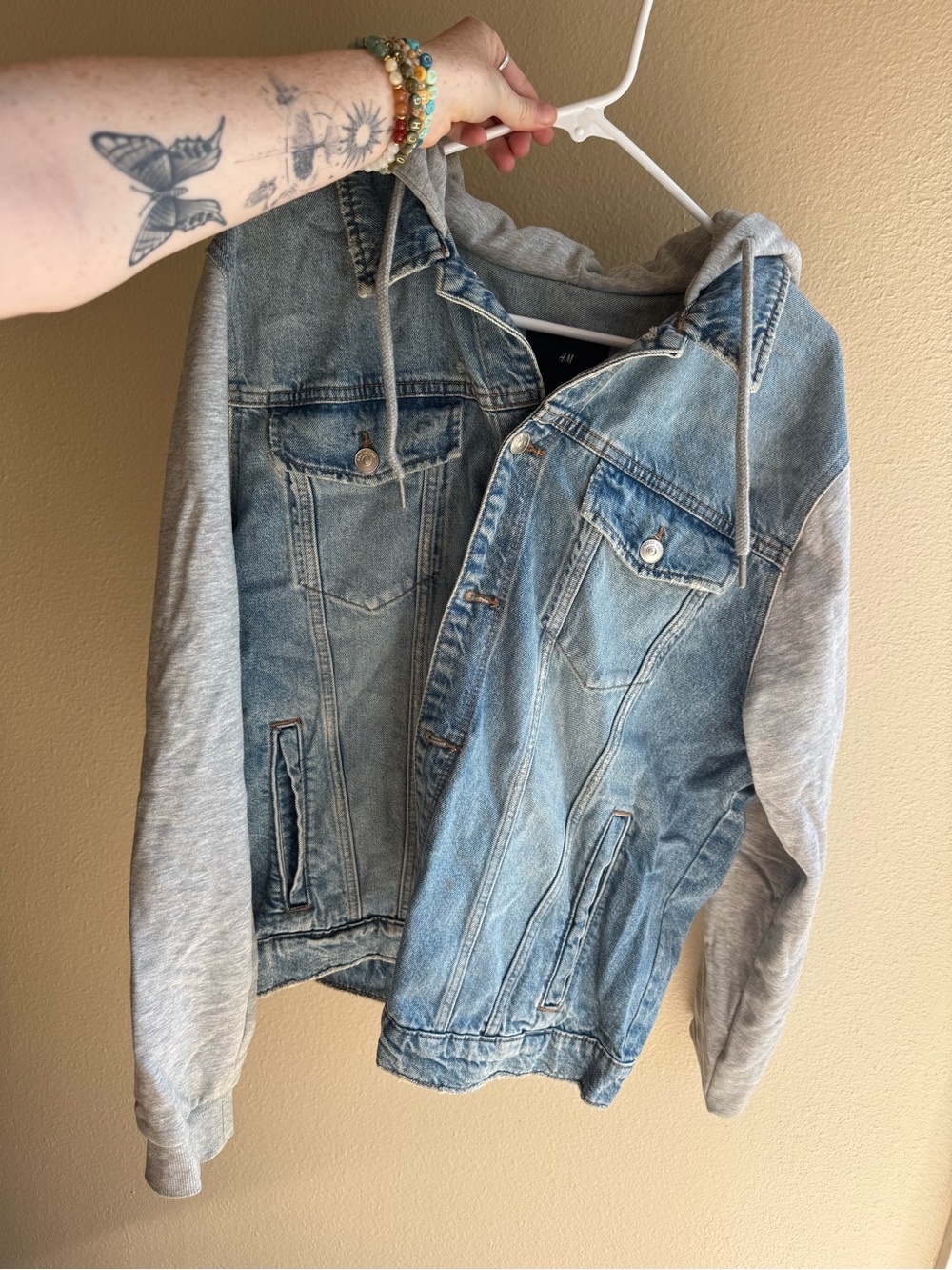 H&M Light Blue Denim Jacket with Gray Hooded Sleeves